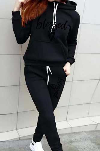Casual Print Basic Hooded Collar Long Sleeve Two Pieces