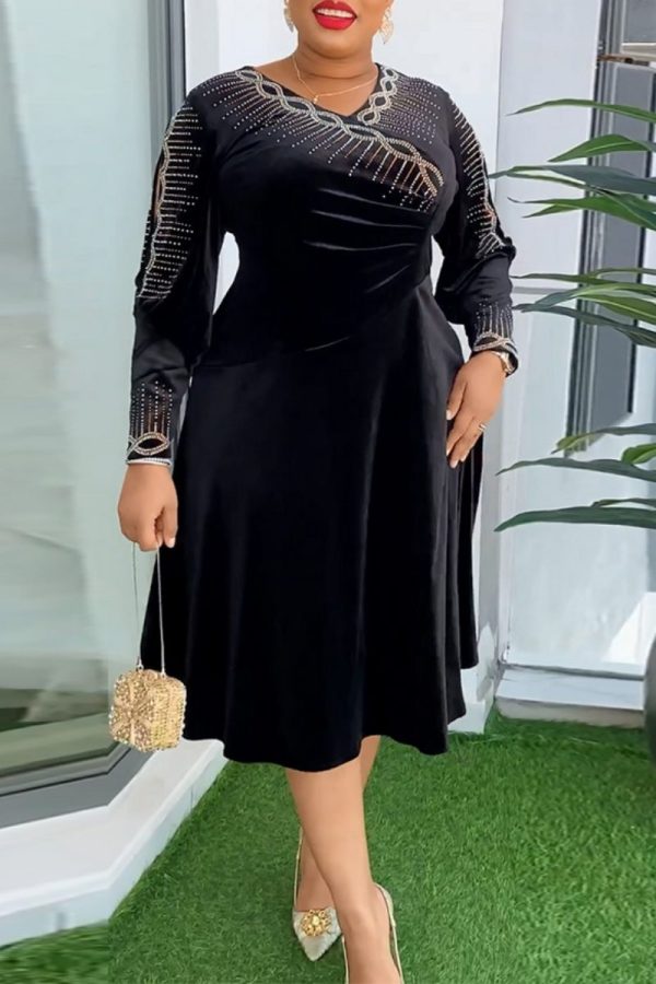 Casual Solid Patchwork Hot Drill V Neck A Line Plus Size Dresses