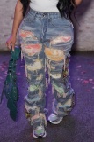 Casual Patchwork Hollowed Out Mid Waist Straight Denim Jeans (Subject To The Actual Object)