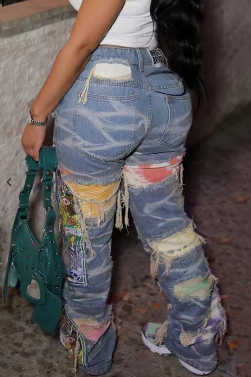 Casual Solid Patchwork Mid Waist Straight Denim Jeans