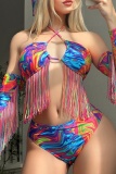 Sexy Print Tassel Bandage Backless Four Piece Set (With Paddings)