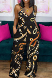 Casual Print Patchwork Pocket Spaghetti Strap Straight Jumpsuits
