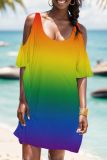 Rainbow Color Hollowed Out V Neck Vacation Short Sleeve Midi Dresses
