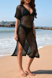 Sexy Solid Hollowed Out See-through Slit Swimwears Cover Up