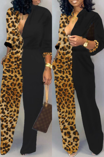 Casual Print Leopard Patchwork Shirt Collar Regular Jumpsuits