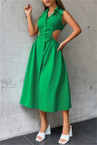 Casual Solid Hollowed Out Turndown Collar Sleeveless Dress Dresses