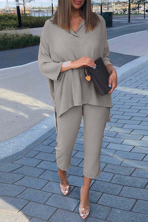 Casual Simplicity Solid Slit Turndown Collar Three Quarter Two Pieces
