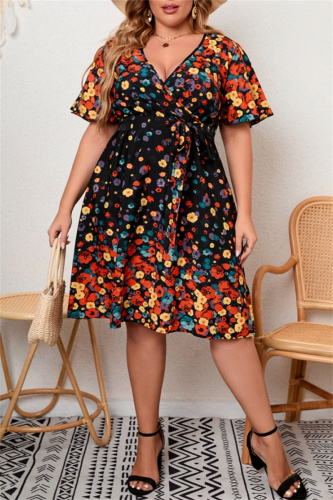Casual Print Frenulum V Neck Short Sleeve Dress Plus Size Dresses