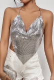 Sexy Solid Sequins Backless Halter Tops