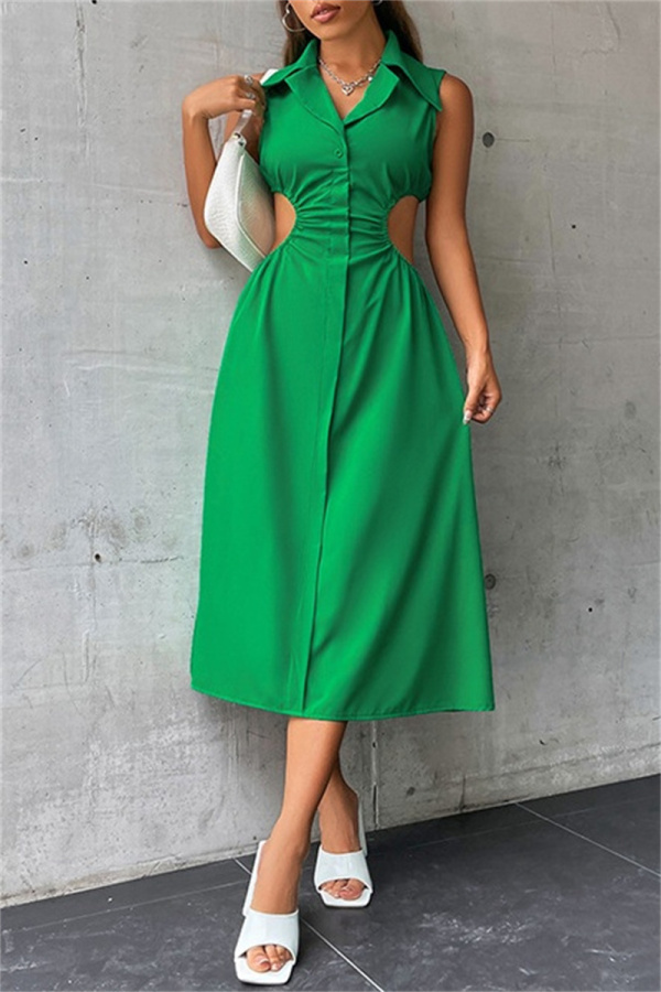 Casual Solid Hollowed Out Turndown Collar Sleeveless Dress Dresses