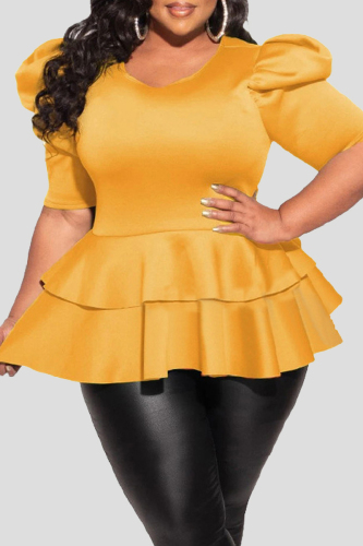 Yellow Fashion Casual Solid Patchwork O Neck Plus Size Tops