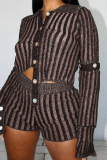 Casual Striped Patchwork Buttons Turndown Collar Long Sleeve Two Pieces