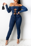 Sexy Casual Solid Hollowed Out Frenulum Backless Off the Shoulder High Waist Skinny Denim Jumpsuits