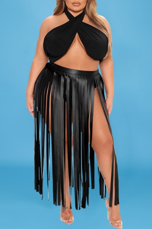 Sexy Solid Tassel Bandage Backless Halter Plus Size Two Pieces