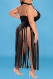 Sexy Solid Tassel Bandage Backless Halter Plus Size Two Pieces