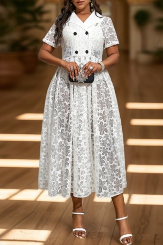 Casual Patchwork See-through Turndown Collar Short Sleeve Dress