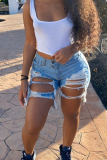 Casual Solid Ripped High Waist Skinny Denim Shorts