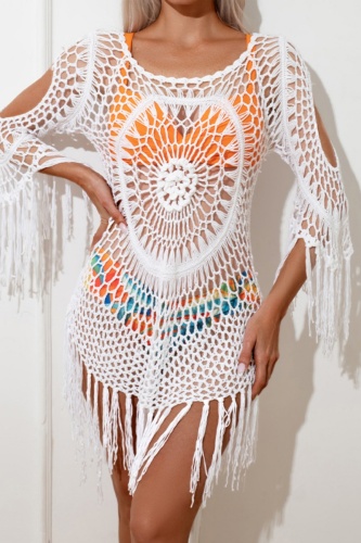 Sexy Solid Tassel Hollowed Out See-through Swimwears Cover Up