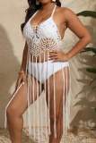 Sexy Solid Tassel Bandage Hollowed Out Backless Pleated Halter Plus Size Swimwear Cover-up