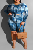 The cowboy blue Casual Print Patchwork Knotted O Neck Plus Size Two Pieces