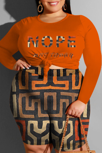 Tangerine Red Casual Print Patchwork Knotted O Neck Plus Size Two Pieces