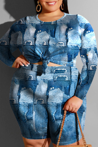 The cowboy blue Casual Print Patchwork Knotted O Neck Plus Size Two Pieces