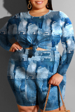 The cowboy blue Casual Print Patchwork Knotted O Neck Plus Size Two Pieces