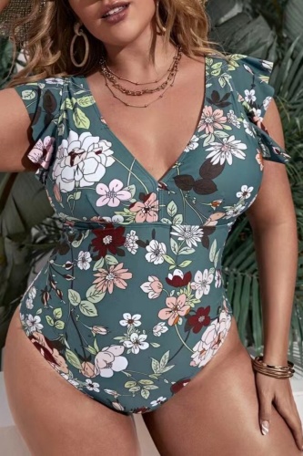 Sexy Print Backless V Neck Plus Size Swimwear (With Paddings)