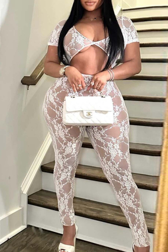 Sexy Solid Hollowed Out Patchwork See-through U Neck Skinny Jumpsuits