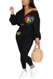 Black Fashion Sexy adult Ma'am Print Two Piece Suits pencil Long Sleeve Two Pieces