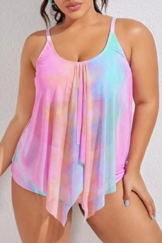 Sexy Gradual Change Print Backless Asymmetrical Spaghetti Strap Plus Size Swimwear (With Paddings)