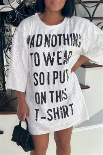 Casual Letter Sequins O Neck Dresses