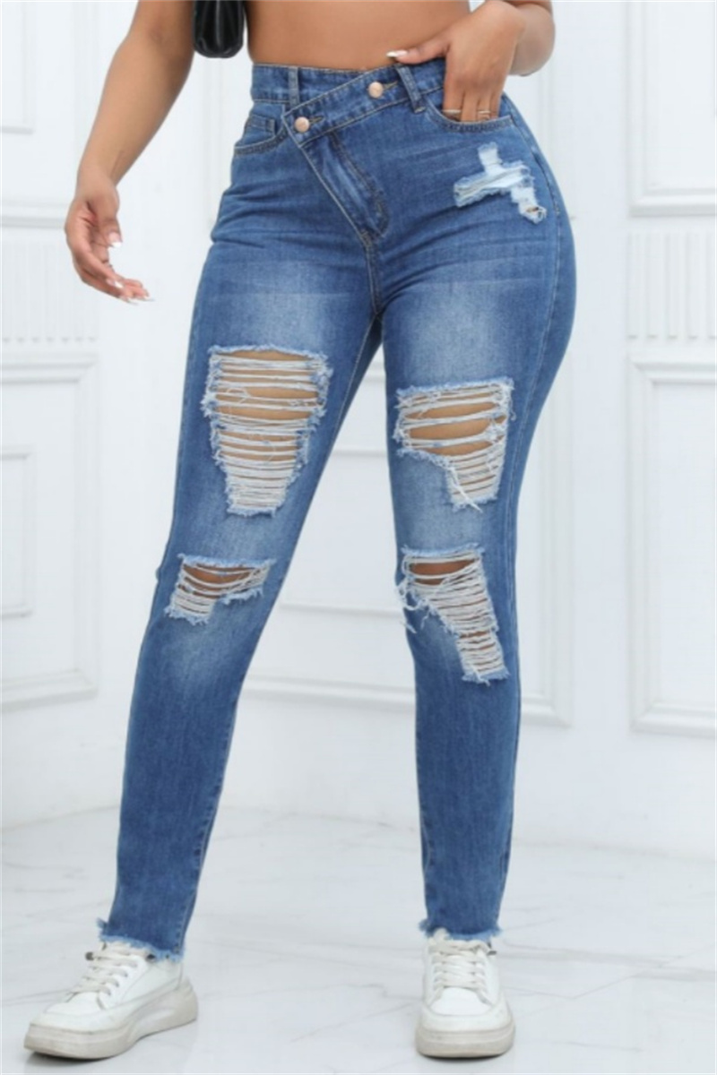 Street Solid Ripped High Waist Regular Denim Jeans