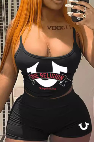 Sexy Street Print Letter Spaghetti Strap Sleeveless Two Pieces