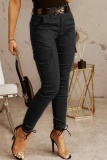 Casual Solid Patchwork Skinny Mid Waist Pencil Solid Color Trousers