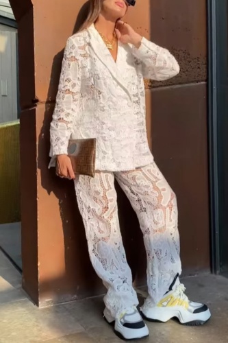 Casual Solid Patchwork See-through Turndown Collar Long Sleeve Two Pieces