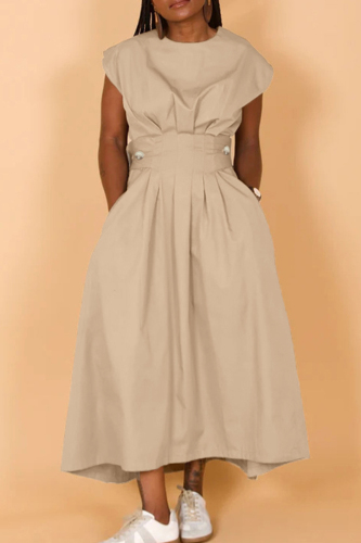 Street Solid Patchwork Pocket Buttons O Neck A Line Dresses