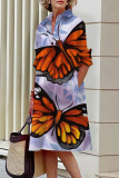 Casual Butterfly Print Patchwork Turndown Collar Shirt Dress Dresses