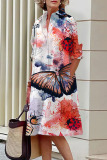 Casual Butterfly Print Patchwork Turndown Collar Shirt Dress Dresses