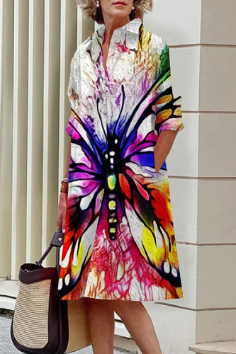 Casual Butterfly Print Patchwork Turndown Collar Shirt Dress Dresses