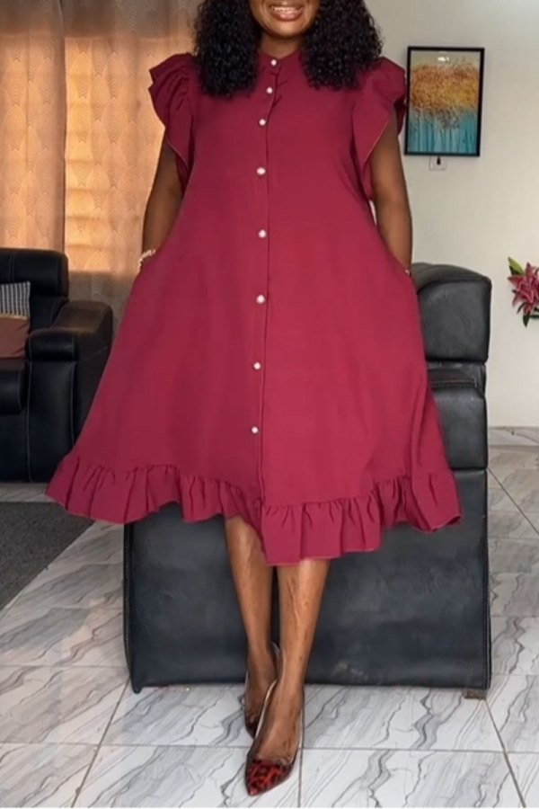 Casual Daily Elegant Solid Buckle Solid Color Stringy Selvedge Button Collar A Line Dresses