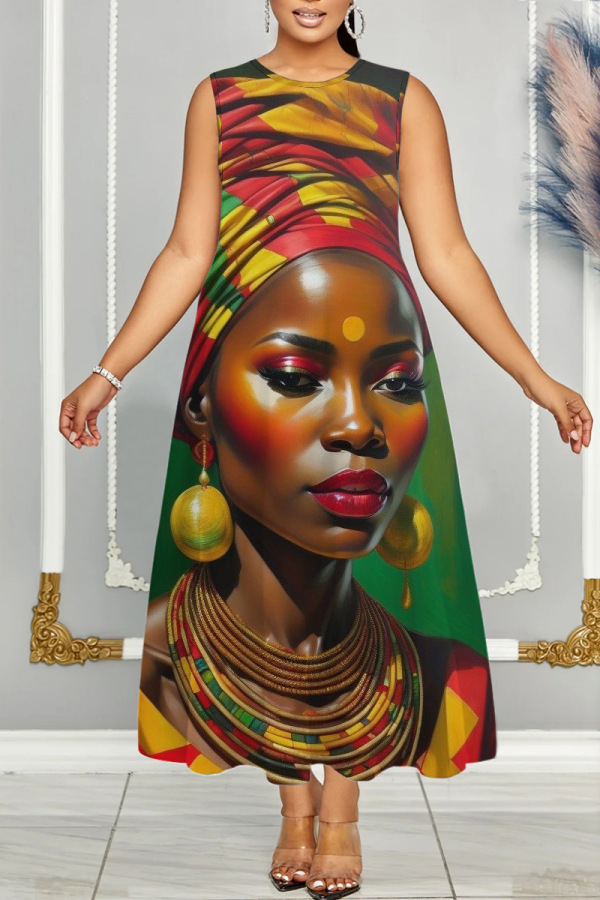 Casual Print Basic O Neck Long Dress Plus Size Dresses