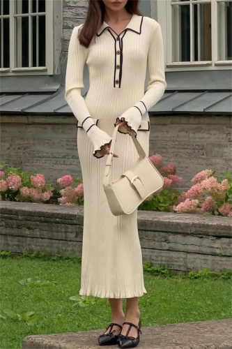 Casual Solid Patchwork Turndown Collar Long Sleeve Dresses