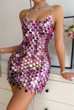 Sexy Patchwork Sequins Chains Backless Spaghetti Strap Sleeveless Dress Dresses