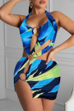 Sleeveless Hollowed Out Metal Ring Trim Slit Vacation Halter Bodycon Mini Dress