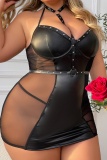 Sexy Living Solid Bandage Patchwork See-through Backless Halter Plus Size Sleepwear Set