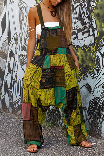 Casual Vintage Geometric Print Pocket Loose Jumpsuits