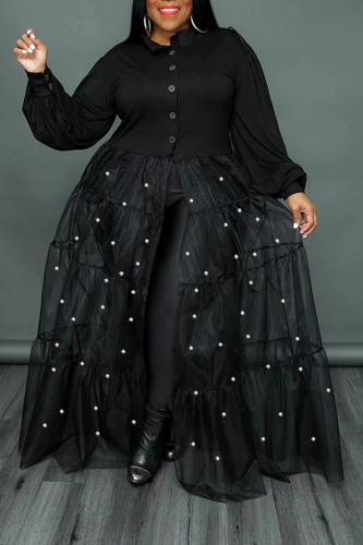 Elegant Patchwork Buckle Pearl Mesh Turndown Collar Long Dress Plus Size Dresses