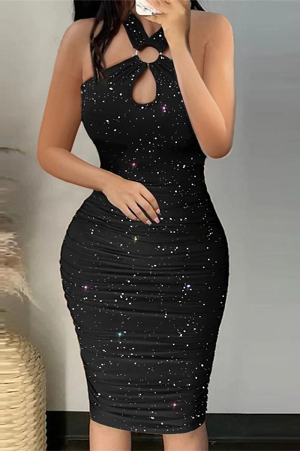 Sexy Solid Hollowed Out Backless Fold V Neck Sleeveless Dress Dresses