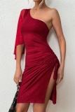 Sexy Party Solid Draw String Frenulum Backless Slit Oblique Collar Wrapped Skirt Dresses